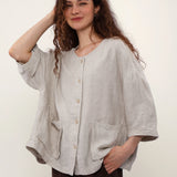 100% Linen Round Neck 3/4 Sleeve Patch Pocket Blouse