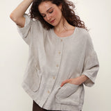 100% Linen Round Neck 3/4 Sleeve Patch Pocket Blouse