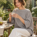 100% Linen Round Neck Batwing Cuffed Sleeve Blouse