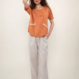100% Linen Round Neck Beaded Woven Detail Short Sleeve Blouse