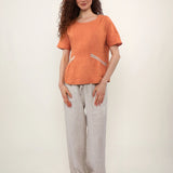 100% Linen Round Neck Beaded Woven Detail Short Sleeve Blouse