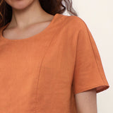100% Linen Round Neck Beaded Woven Detail Short Sleeve Blouse