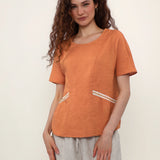 100% Linen Round Neck Beaded Woven Detail Short Sleeve Blouse