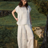 100% Linen Round Neck Cap Sleeve Side Slit Blouse