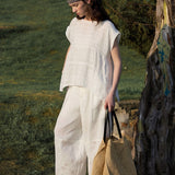 100% Linen Round Neck Cap Sleeve Side Slit Blouse