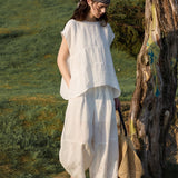 100% Linen Round Neck Cap Sleeve Side Slit Blouse