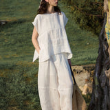 100% Linen Round Neck Cap Sleeve Side Slit Blouse