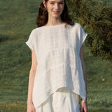 100% Linen Round Neck Cap Sleeve Side Slit Blouse