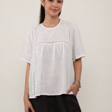 100% Linen Round Neck Embroidery Eyelet Cutout Blouse