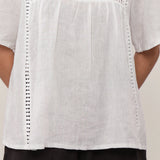 100% Linen Round Neck Embroidery Eyelet Cutout Blouse