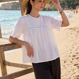100% Linen Round Neck Embroidery Eyelet Cutout Blouse