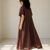 100% Linen Round Neck Gathered Dolman Sleeve Belted Maxi Dress