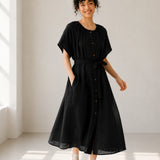 100% Linen Round Neck Gathered Dolman Sleeve Belted Maxi Dress