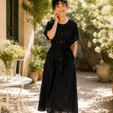 100% Linen Round Neck Gathered Dolman Sleeve Belted Maxi Dress