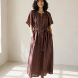 100% Linen Round Neck Gathered Dolman Sleeve Belted Maxi Dress