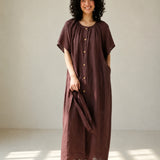 100% Linen Round Neck Gathered Dolman Sleeve Belted Maxi Dress