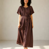 100% Linen Round Neck Gathered Dolman Sleeve Belted Maxi Dress