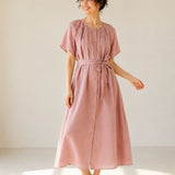 100% Linen Round Neck Gathered Dolman Sleeve Belted Maxi Dress