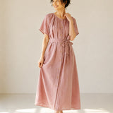 100% Linen Round Neck Gathered Dolman Sleeve Belted Maxi Dress