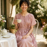 100% Linen Round Neck Gathered Dolman Sleeve Belted Maxi Dress