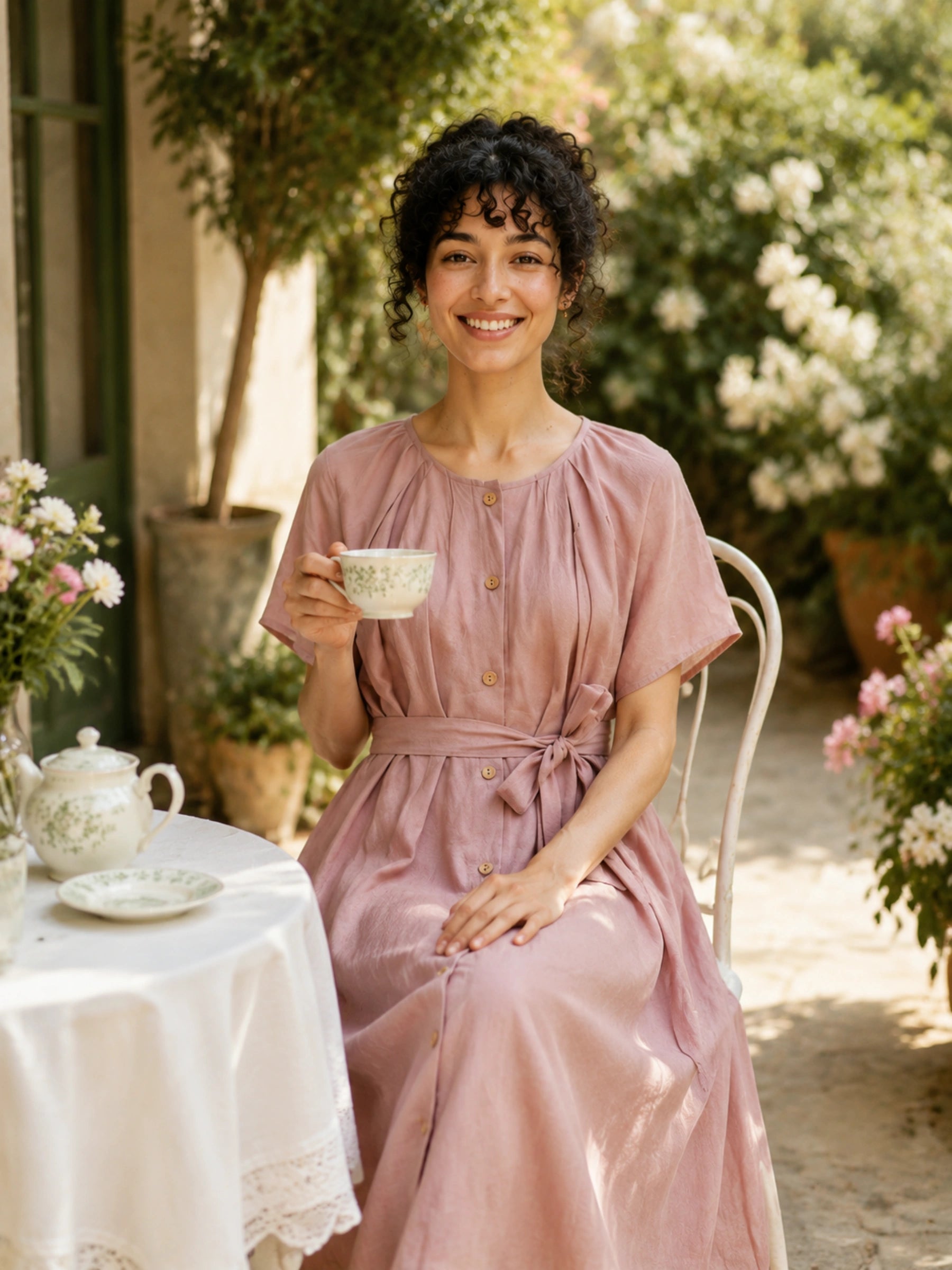 100% Linen Round Neck Gathered Dolman Sleeve Belted Maxi Dress