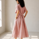100% Linen Round Neck Gathered Dolman Sleeve Belted Maxi Dress