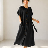 100% Linen Round Neck Gathered Dolman Sleeve Belted Maxi Dress