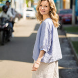 100% Linen Round Neck Half Button Balloon 3/4 Sleeve Blouse