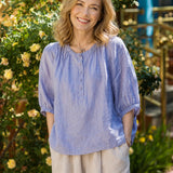100% Linen Round Neck Half Button Balloon 3/4 Sleeve Blouse