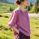 100% Linen Round Neck Half Button Balloon 3/4 Sleeve Blouse