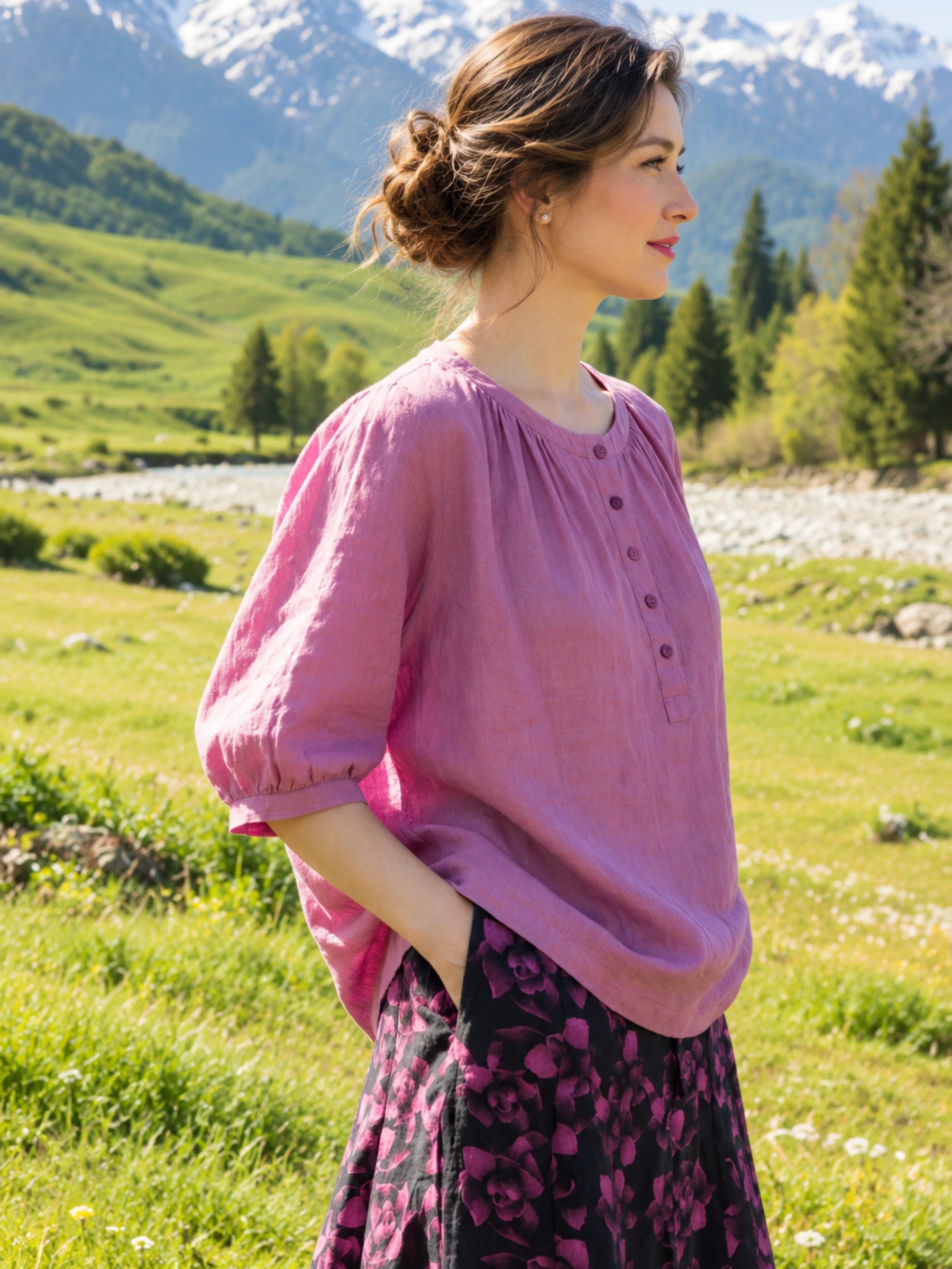 100% Linen Round Neck Half Button Balloon 3/4 Sleeve Blouse