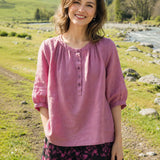 100% Linen Round Neck Half Button Balloon 3/4 Sleeve Blouse