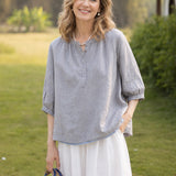 100% Linen Round Neck Half Button Balloon 3/4 Sleeve Blouse