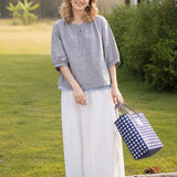 100% Linen Round Neck Half Button Balloon 3/4 Sleeve Blouse