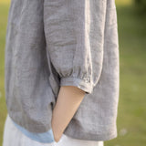 100% Linen Round Neck Half Button Balloon 3/4 Sleeve Blouse