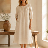 100% Linen Round Neck Half Sleeve Maxi Dress