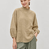 100% Linen Round Neck Puff Sleeve Smock Top
