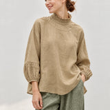 100% Linen Round Neck Puff Sleeve Smock Top