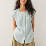 100% Linen Round Neck Raglan Sleeve Curved Hem Blouse
