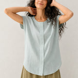 100% Linen Round Neck Raglan Sleeve Curved Hem Blouse