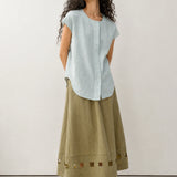 100% Linen Round Neck Raglan Sleeve Curved Hem Blouse
