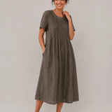 100% Linen Round Neck Short Sleeve Midi Dress with Waist Tie