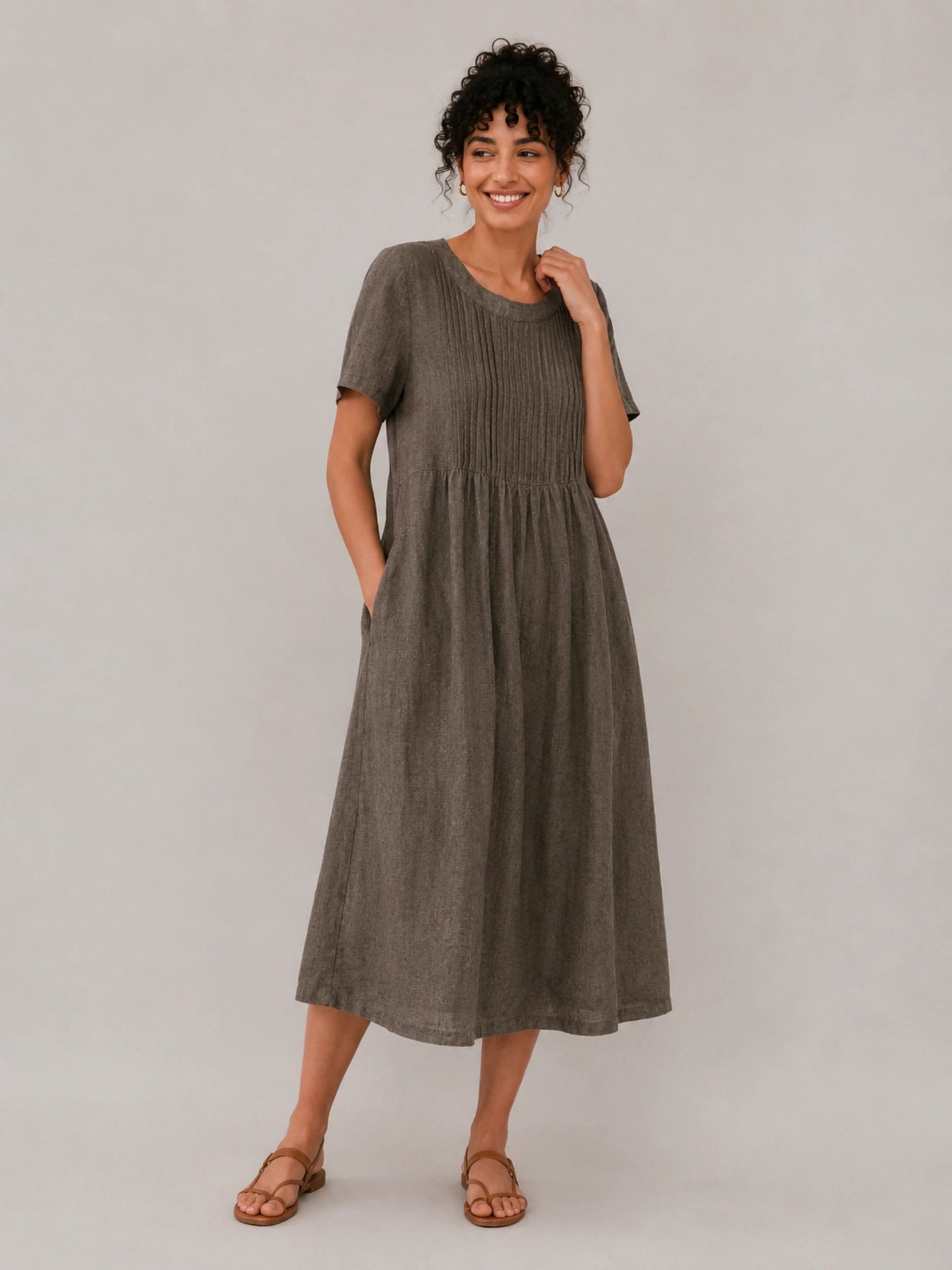100% Linen Round Neck Short Sleeve Midi Dress with Waist Tie