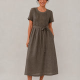 100% Linen Round Neck Short Sleeve Midi Dress with Waist Tie
