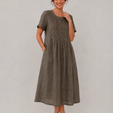100% Linen Round Neck Short Sleeve Midi Dress with Waist Tie