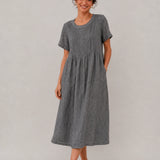100% Linen Round Neck Short Sleeve Midi Dress with Waist Tie