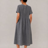 100% Linen Round Neck Short Sleeve Midi Dress with Waist Tie