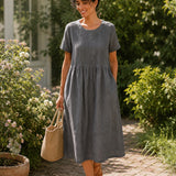 100% Linen Round Neck Short Sleeve Midi Dress with Waist Tie