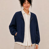 100% Linen Rounded-Neck Zip-Front Cropped Jacket