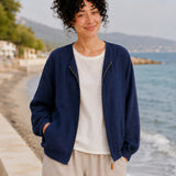 100% Linen Rounded-Neck Zip-Front Cropped Jacket